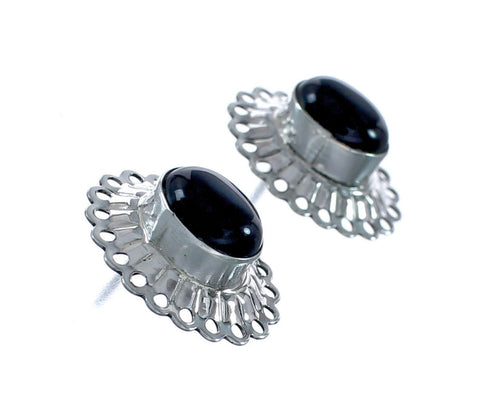 Genuine Sterling Silver Onyx Concho Post Earrings JX129764